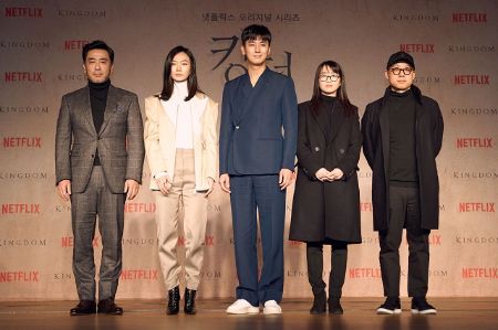 (Left to Right): Cast members Ryu Seung-yong, Bae Doona, Ju Ji-hoon, writer Kim Eun-hee, and director Kim Seong-hun